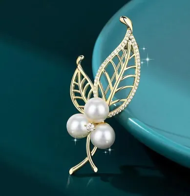 Golden Leaf Pearl Hijab Brooch